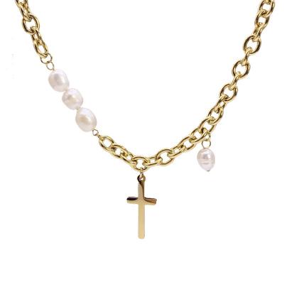 China New Trendy Baroque Splicing Retro Gold Plated Stainless Steel Pearl Cross Necklace Fashion Style Pearl Cross Necklace for sale