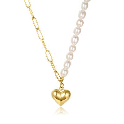 China Half Freshwater Pearl Chain 18K Gold Plated Heart Clavicle Collar Splicing Necklace Stainless Steel Hip-Hop Pearl Rice Pearl Chain for sale