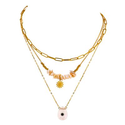 China TRENDY High Quality 18 K fashion jewelry stainless steel Layered Necklace Pearl Stone Handmade Statement Gold Necklace For Women for sale