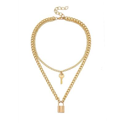 China TRENDY Personality Punk Gold Plated Geometric Multi-Layers Lock And Small Key Pendant Statement Necklaces For Women for sale