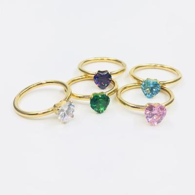 China Romantic Zircon Inlaid Gemstone Heart Shape Colorful Cute Summer Gold Plated Heart Rings Jewelry Women for sale