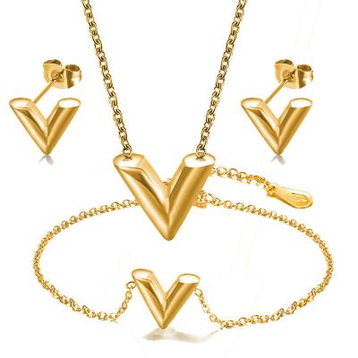 China Simple Wholesale Letter V Gifts Environmental Friendly Stainless Steel Low MOQ 18k Gold Plated Fashion Jewelry Sets for sale