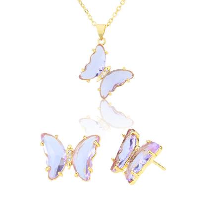 China TRENDY Transparent Butterfly Necklace And Earrings Set Copper Gold Plated Jewelry Set For Women for sale