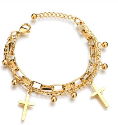 China New Arrival Punk Gold PVD Plated 316L Stainless Steel Punk Style Double Layer Beads Classic Cross Link Charm Bracelets for sale