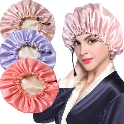 China Designers Double Layer Hair Hoods Women Satin Reversible Adjustable Striped Drawstring Sleep Hood Silk Hat for sale