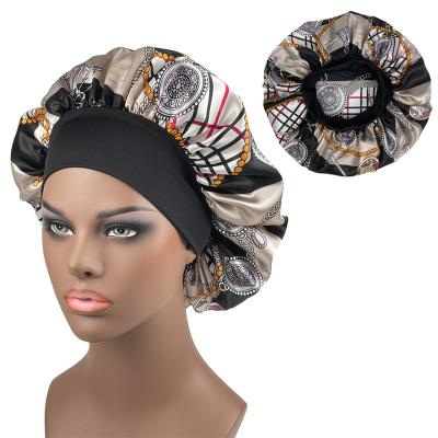 China Multifunctional Printing Satin Cap For Women Chemo Caps Fashion Elastic Wide Head Wrap Hair Loss Cover Band Night Sleep Satin Cap Hair Care for sale