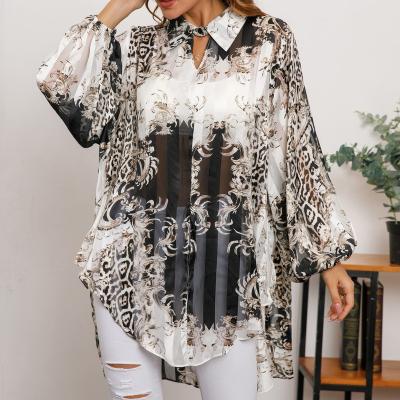 China QUICK DRY Women Blouse Lapel V-Neck Printed Loose Lantern Long Sleeve Tops Sun Protection Flowing Shirt for sale