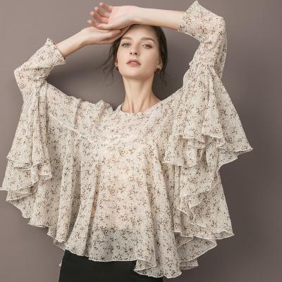 China Breathable Women's High Waist Butterfly Sleeve Loungewear O Neck Chiffon Tops Loose Blouses for sale