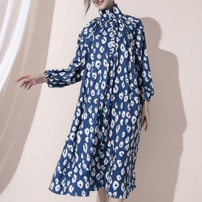 China Breathable Satin Printed Lantern Long Sleeves High Waist Loose Sash Mid Length Dress for sale