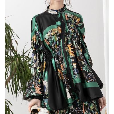 China Anti-pilling Women's Casual Loose Stand Collar Lantern Satin Print Sleeve Pleated Shirt for sale