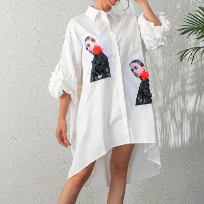 China Anti-Static Women's Medium Length Printed White Sequins Cotton Shirt Dress for sale