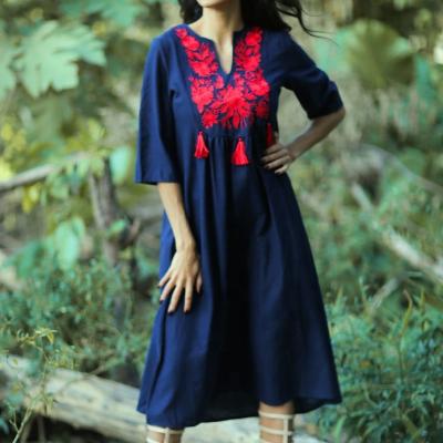 China Vacation Breathable Style Embroidered Canvas Loose Dress A-Line Skirt for sale