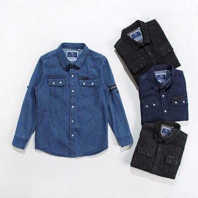 China 2022 High Quality Autumn Anti-Shrink Kids Wear Black Denim Long Sleeve Boys Clothes Turn-down Collar Boys Shirts for sale