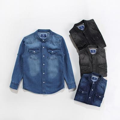 China New Arrival Anti-Shrink Blue Denim Kids Clothes O-Neck 8Y Washed Shirts Kids Apparel Boys Long Sleeve Denim Boys T-Shirts for sale