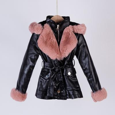 China Anti-wrinkle Manufacturer Price Kids Wear Detachable Hat Children Wear 12Y Girl Winter PU Fur Coats With Belt for sale