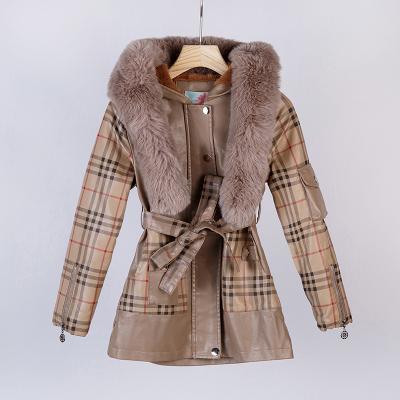 China hot sale Anti-wrinkle fur neck kids fabrics fashion plaid printed kids jacket zipper sleeve tops for girls pu coat with belt for sale