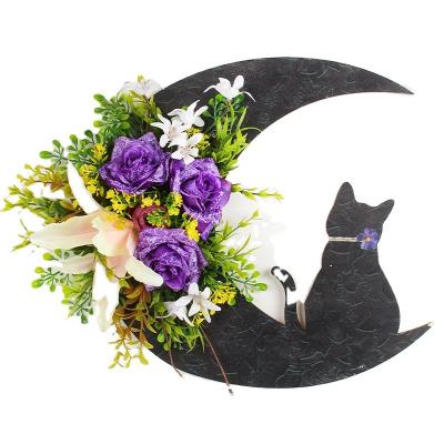 China Plastic be witched cat Halloween moon Kitty garland door hangings festive twigs kitten rattan circle atmosphere decorations for sale