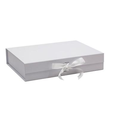 China Recyclable Shallow Sturdy White Magnetic Closure A4 Cardboard T-shirt Retail Packaging Box With Ribbon for sale