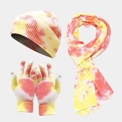 China New COMMONS Tie Dye Knitted Hat Gloves Scarf Set For Women Autumn And Winter Outdoor Cold Hat Three Sets For Men Sublimation Winter Hat for sale