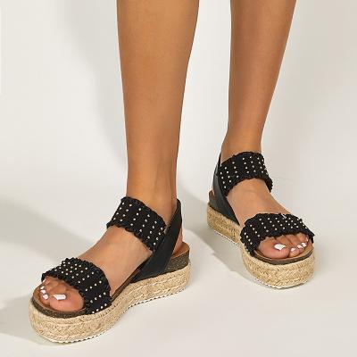 China Fashion Trend Women's Elastic Cork Flat Platform Wedge Open Toe Studded Ankle Strap Sandals for sale