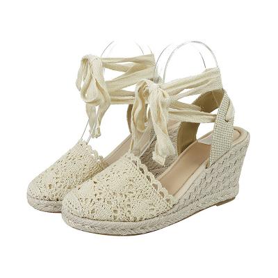 China Fashion Trend Mesh Hemp Closed Toe Canvas Mesh Lace Wedge Heel EVA Woman Espadrilles Sandals Shoes for sale