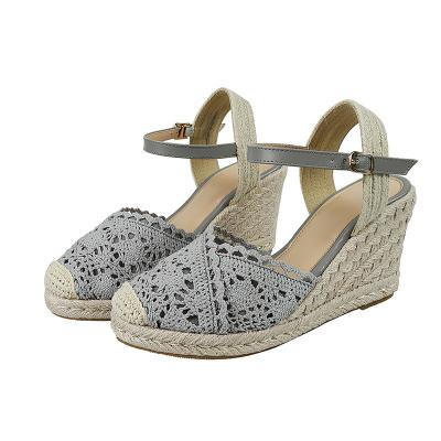 China Fashion Trend Mesh Hemp Rope Womens Closed Toe Ankle Strap Espadrille Platform Wedge Heel Sandal Slides Shoe for sale