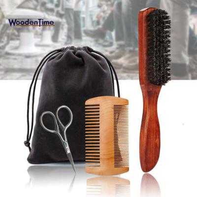 China Brand Men's Beard Shaving Brush Private Label Shaving Kit Wooden Beard Brush With Scissors Bristle Brush Shaving Comb Set for sale