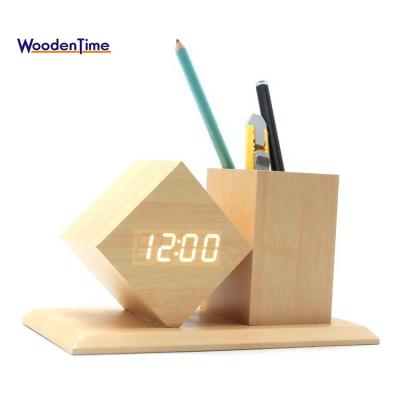 China Classes New Design Multi Functional Wooden Creative Decoration Wooden Crafts Work Pen Holder With LED Clock for sale