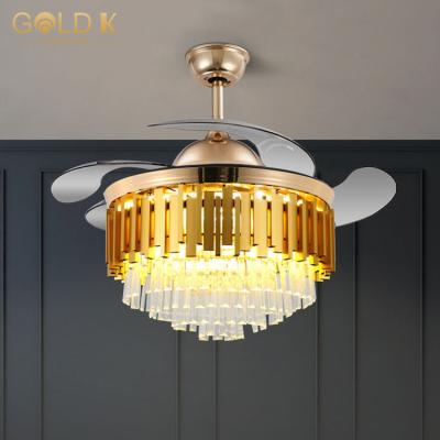 China Modern 42 Inch Dc Crystal Chandelier Remote Control Gold Fan Fancy Retractable Chandelier 4 Blades With Led Light for sale