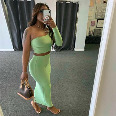 China MILIANG Solid Color Shoulder Sleeve Anti-pilling Long Sleeve Crop Tops Midi Skirt Two Piece Set Women Dress Summer Clothing D10002 for sale