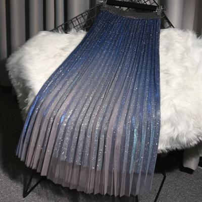 China High Waist Mesh Long Skirt Women Sustainable Spring And Color Pleated Midi Gradient Summer Sequin Tulle Skirts Female Soft Fairy Skirt for sale