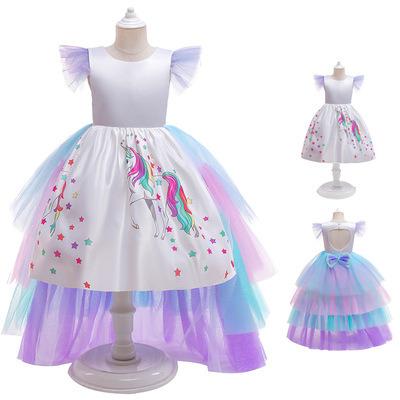 China Anti-Static Frocks Girl Dress Unicorn Dress Rainbow Cake Skirt Mesh Detachable Cloak Halloween Flower Girl Dress for sale