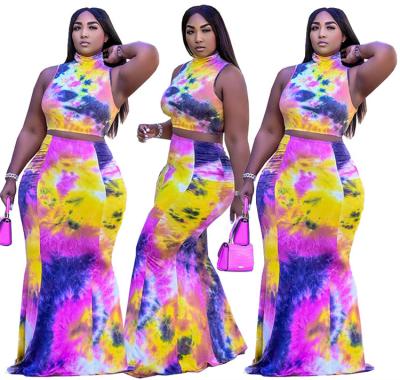 China MILIANG Anti-Static Fashion Contrast Color Vest Tie Dye Casual Skirt Two Piece Set Dress Plus Size 2021 Summer Printed Clothes D10264 for sale