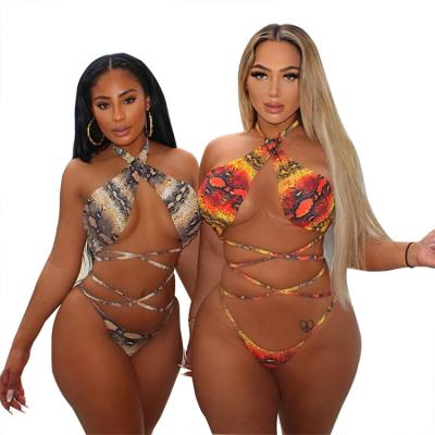 China New breathable casual fashion style snake line printed backless bandage plus size summer swimwear sexy bikini D98115 for sale