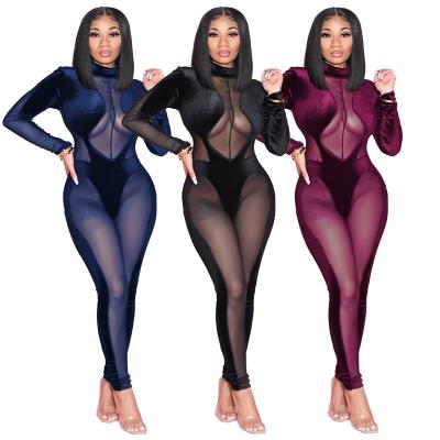 China Sustainable Autumn New See Mesh Rompers Long Sleeve Velvet Jumpsuit Woman for sale