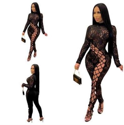 China MILIANG Solid Color Fashion Breathable Long Sleeve Splice Bandage Lace Romper Jumpsuit 2021 Plus Size Sexy Jumpsuit D10492 for sale