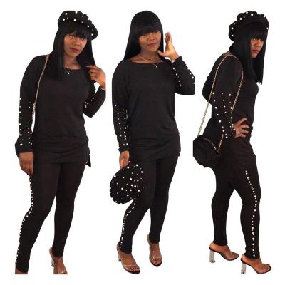 China Anti-Static Two PC Set Women Clothing Sweatsuit Set Clothes For Women Winter Bead Studded Outfit 2 Piece Sweat Long Sleeve Set RS00063 for sale