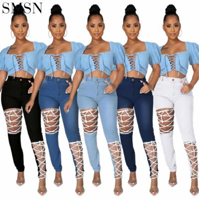 China 2021 new arrival women's clothing breathable fresh women distressed jeans long pants women ripped jeans denim pants for sale