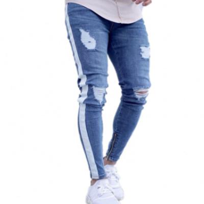 China Breathable Skinny Ripped Slim Fit Jeans Mens Hip Hop Stripe Denim Pants Male Pencil Bottoms Street Knee Ripped Holes Jean Mens Y10755 for sale