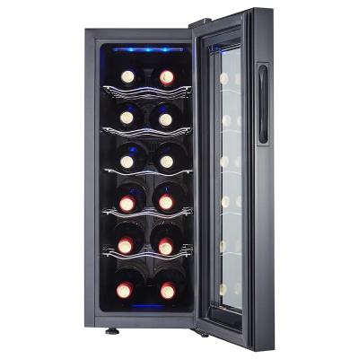 China Commercial Mini Small Refrigerator Steel Fridge Glass Hotel Wine Fridge 12 Bottles Black Wooden Style Electronic Tempered Air Fan for sale