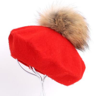 China Fashion Wholesale Women Barred French Beret Custom Knit Beret Hat Raccoon Fur Pom Pom Beret Hat for sale