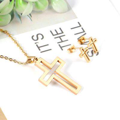 China New Fashionable Cross Necklace Pendant Set And Earrings Stainless Steel Bridal Jewelry Sets for sale