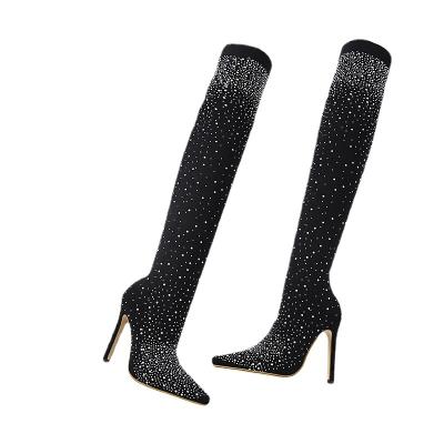 China Hot Sale Waterproof Knee High Boots Women High Heel Shoes Big Size Elastic Thigh High Boots With Rhinestone for sale