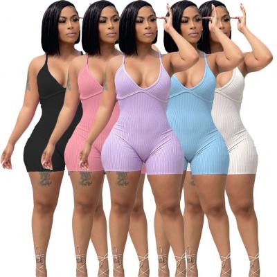 China 2021 Hot Sale Summer QUICK DRY Trendy Women's Clothing One Piece Ribbed Jumpsuits Halter Short Womens Rompers Playsuit For Ladies for sale