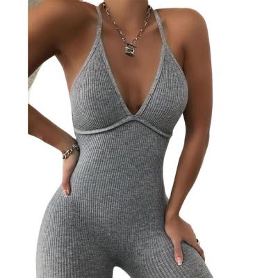 China 2021 New Women Sleeveless V-Neck Solid Bodycon Playsuit Clubwear One Piece Pants QUICK DRY Sport Long Overalls for sale