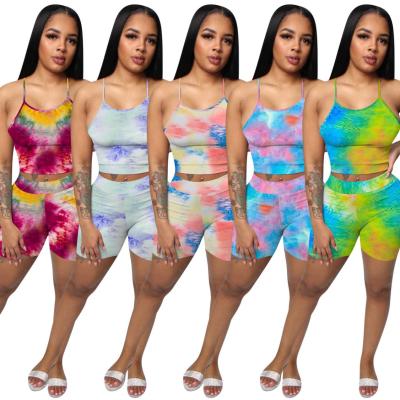 China Wholesale Anti-Wrinkle Summer Clothes 2021 New Tie Dye Tracksuit Suspenders Biker Shorts Jogger Suit Work Out 2 Piece Pants Set For Women for sale