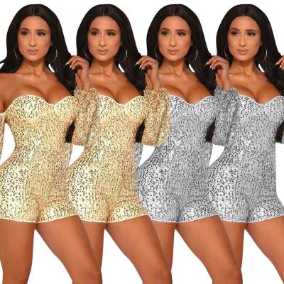 China 2021 Polyester Women's Fabric Sequined One-Shoulder Jumpsuit With Sleeves Fashion Plus Clothes for sale