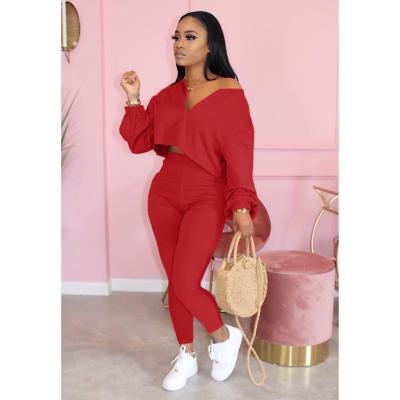 China 2021 Plus Size 4XL Solid Color QUICK DRY Long Sleeve Off Shoulder Crop And Long Pants Two Piece Set for sale