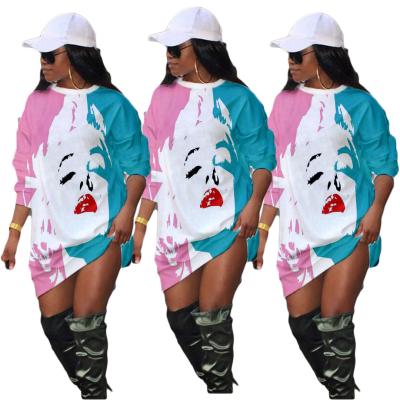 China Anti-wrinkle LLDRESS high quality fashion long sleeve loose face printed plus size casual tie dyed women dresses for sale