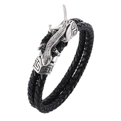 China Junjiang SB0131 hot sale 316l stainless steel lizard genuine leather bracelet men jewelry punk armor lizard jewelry for sale